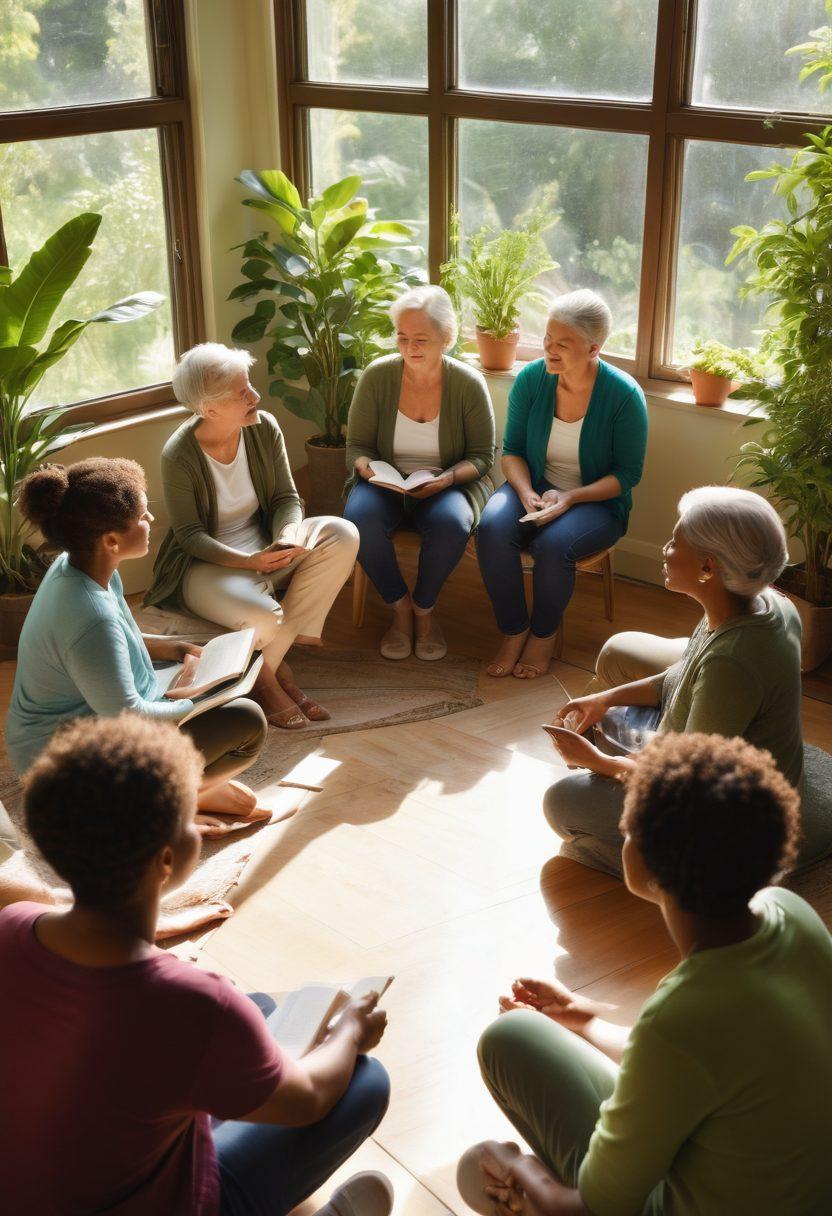 A diverse group of individuals, representing various ages and ethnicities, sitting in a circle engaged in a supportive discussion about cancer awareness. Lush green plants in the background symbolize growth and healing, with warm sunlight streaming through a window, creating a hopeful atmosphere. Include books and pamphlets scattered on the floor, denoting knowledge sharing. The scene conveys unity, strength, and empowerment. super-realistic. vibrant colors. warm lighting.