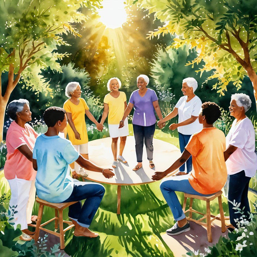 A heartwarming scene depicting a diverse group of individuals united in a circle, each holding hands, with a backdrop of a blooming garden symbolizing hope and support. In the center, a cancer survivor with a radiant smile shares their story, while others listen attentively, showcasing solidarity and understanding. Soft golden sunlight filters through the leaves, casting a warm glow over the scene. watercolor painting. vibrant colors. soft focus.
