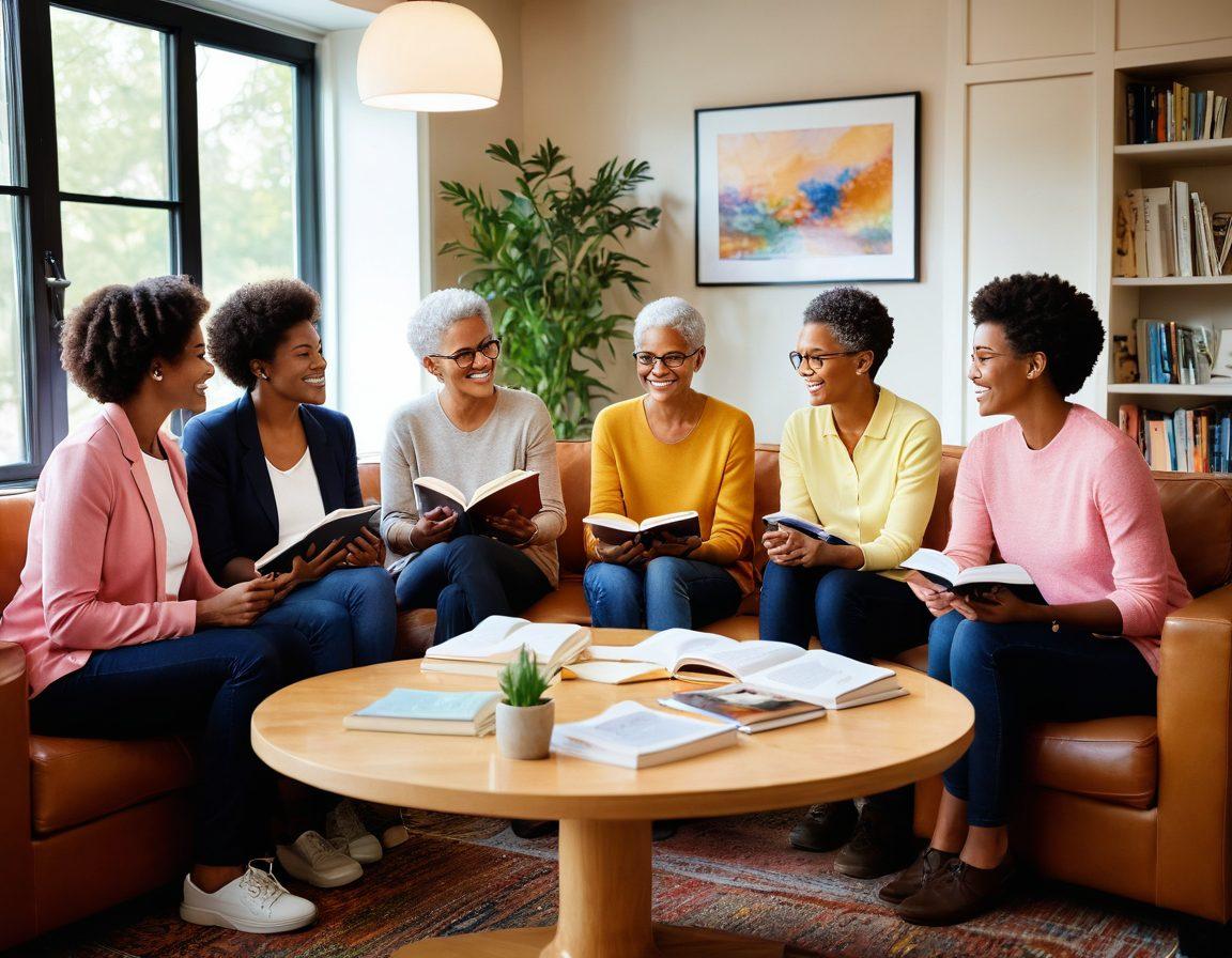 A warm and inviting scene depicting a diverse group of individuals, united in support, exploring resources for navigating cancer challenges. Incorporate elements like open books, informative pamphlets, and a comforting meeting space with soft lighting. Showcase a sense of hope and resilience, with uplifting colors reflecting positivity. super-realistic. vibrant colors.